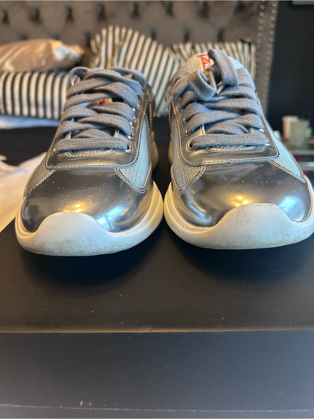 Prada Women's Metallic Gray and Light Gray Athletic Sneakers